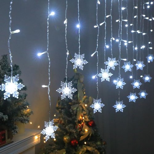 JAYIDAMAI Christmas Snowflakes LED Curtain String Lights 11.5ft/3.5M 96LED Christmas Window Curtain Light Plug in String Light for Xmas Decor,Indoor and Outdoor,Birthday Party,Wedding, Bedroom Patio