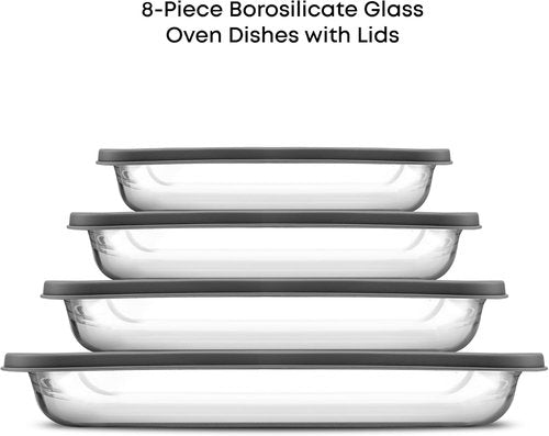 JoyJolt 8-Piece Borosilicate Glass Baking Dish Set - Deep Rectangle Oven Dishes with Black Lids | Versatile Bakeware for Casseroles, Lasagna, and More