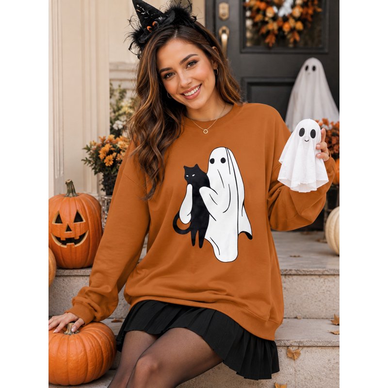 Brown Women Halloween Spooky Season Ghost Cat Oversized Sweatshirt - Fall Pullover