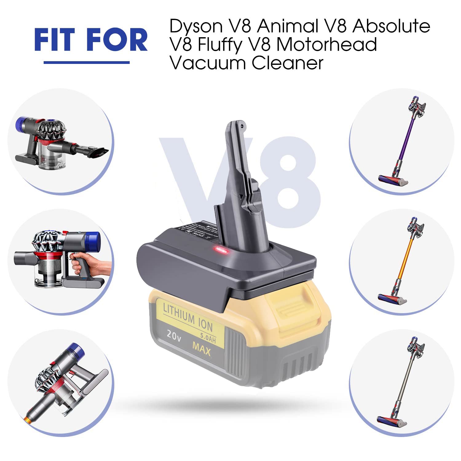 TPDL V8 Battery Adapter, for DeWalt 20V Battery Convert to for Dyson V8 Series Vacuum Cleaner Animal Fluffy Motorhead Vacuum Converter (Adapter only)