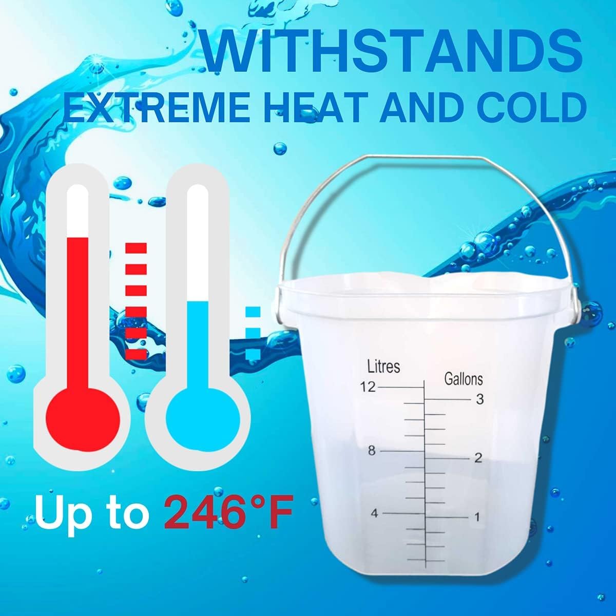 ACCUPOUR 3 Gallon Measuring Bucket with Handle - Multipurpose, Heat Resistant & Chemical Resistant, Measurements in Liters (L) and Gallons (gal) - Large Measuring Container (1 Pack)