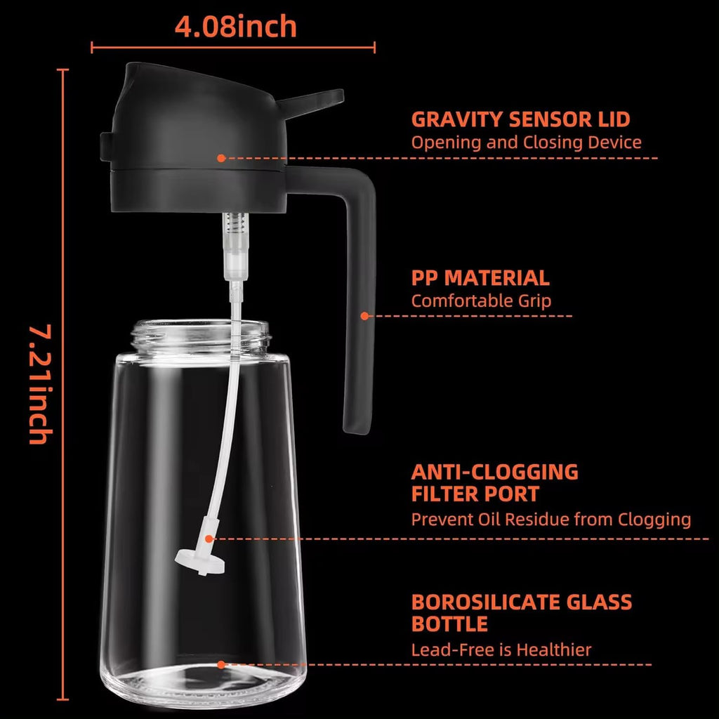 Skiennix 16oz Glass Oil Spray Bottle - 2-in-1 Refillable Olive Oil Dispenser with Fine Mist & Stream - Black