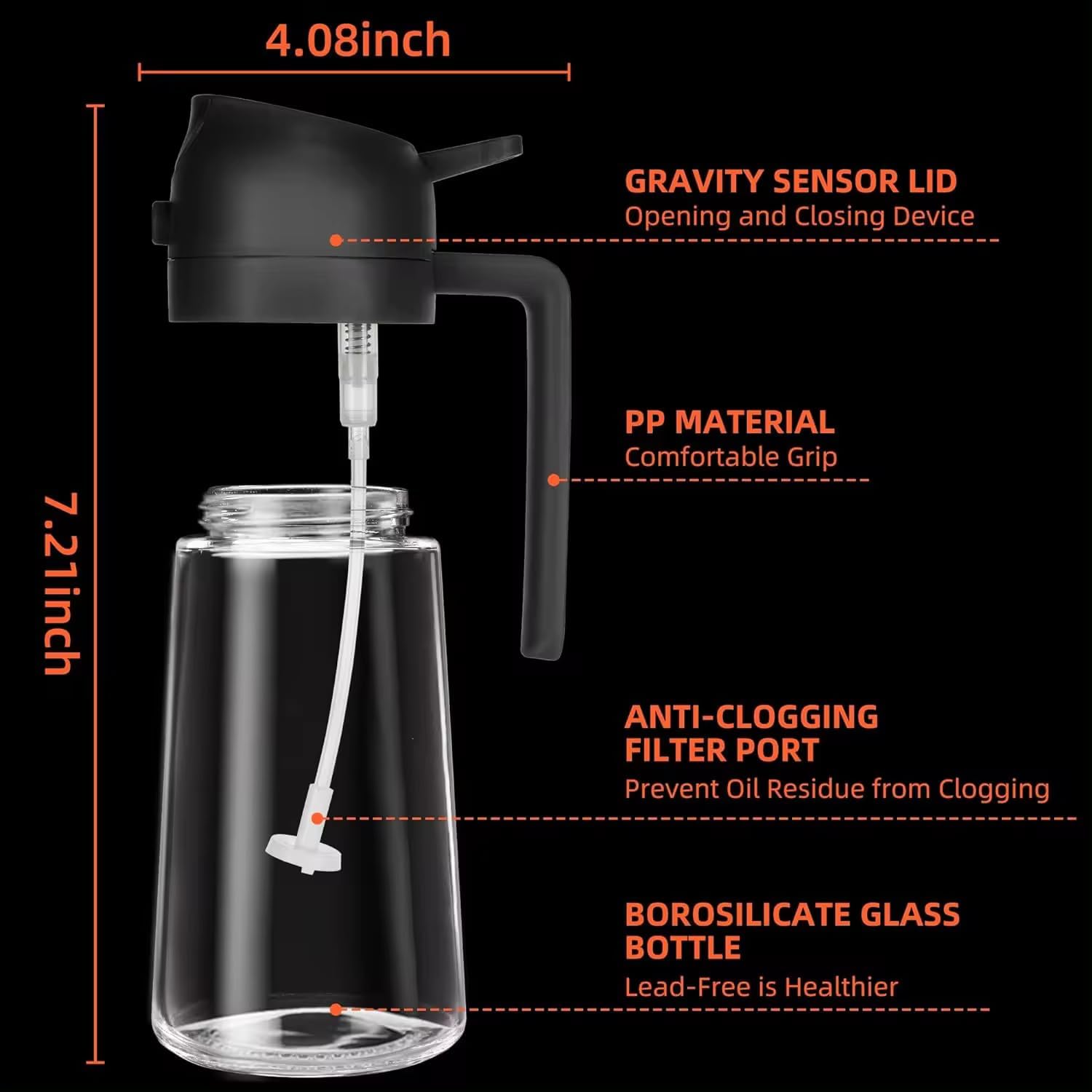 Skiennix 16oz Glass Oil Spray Bottle - 2-in-1 Refillable Olive Oil Dispenser with Fine Mist & Stream - Black