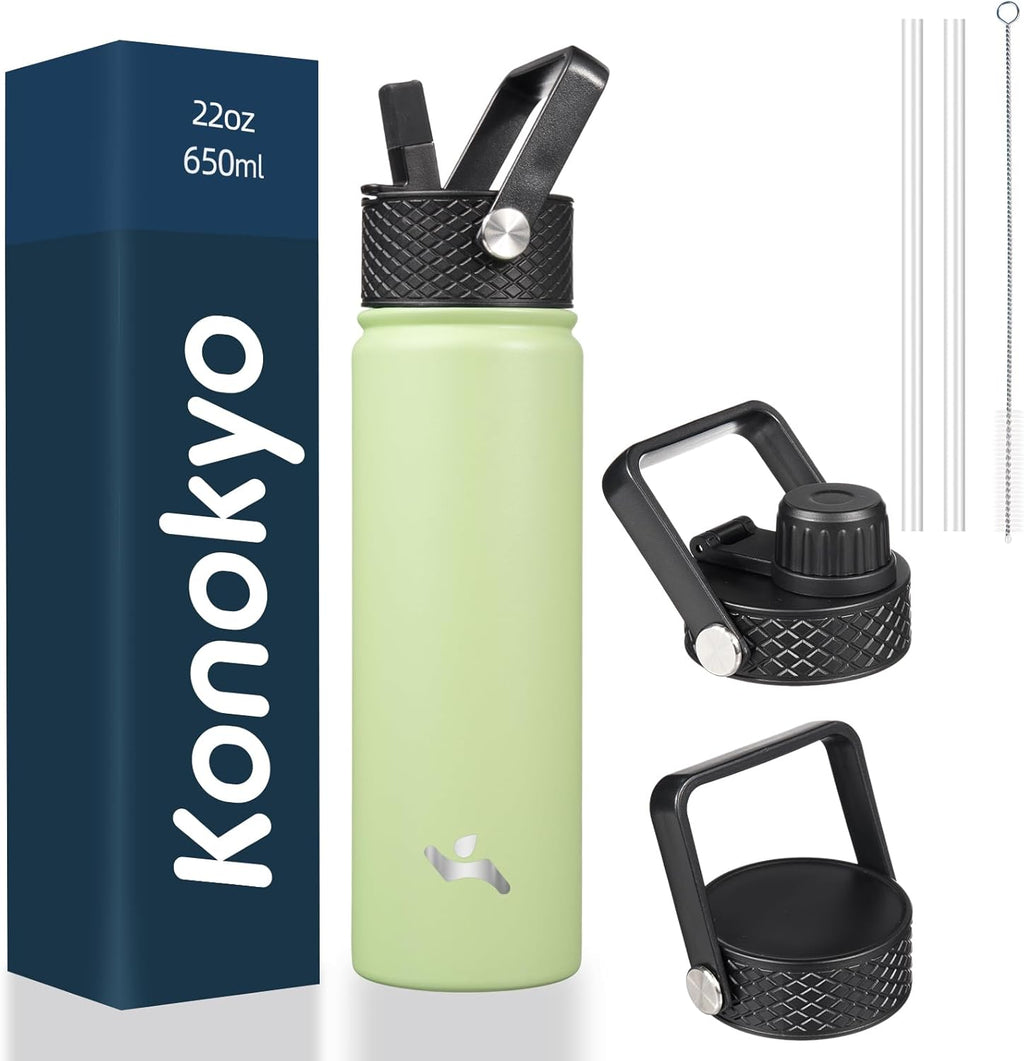 Skiennix 22oz Stainless Steel Water Bottle - Insulated with 3 Lids | Macaron Green