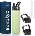 Skiennix 22oz Stainless Steel Water Bottle - Insulated with 3 Lids | Macaron Green
