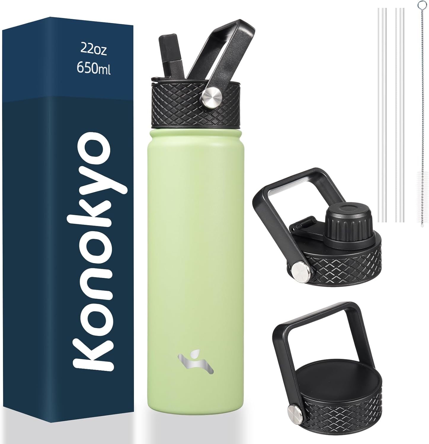 Skiennix 22oz Stainless Steel Water Bottle - Insulated with 3 Lids | Macaron Green