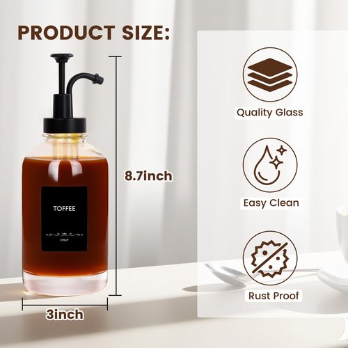16.9oz Coffee Syrup Dispenser 4Pack- Glass Syrup Dispenser Kit for Coffee Bar Accessories for Home Coffee Bar/Premium Labeled Barista Kit, Matte Black