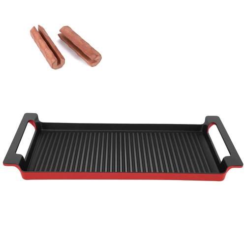 Cast Iron Grill/Griddle Pan with Non-Stick Coating & Grease Groove – Universal Outdoor/Indoor Cooking for Gas Grill, Charcoal BBQ, Camping, Tailgating（17.5X9” with Woody Handles）