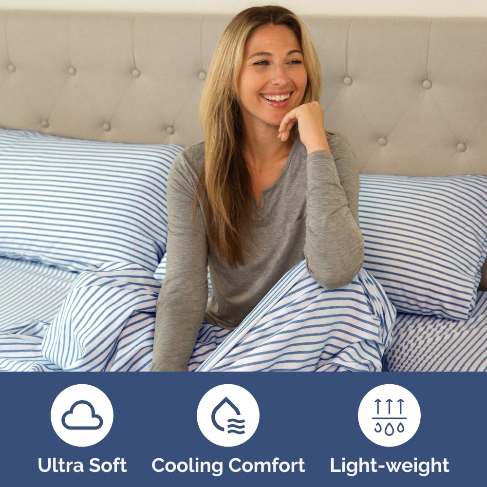 Split King Fitted Bed Sheet - Bottom Single Fitted Sheet Only - Soft Hotel Luxury Bedding w/ 8-16 Inch Deep Pockets - Breathable & Wrinkle Free - Easy-Care, Fade & Shrink Resistant - Blue Stripes 2