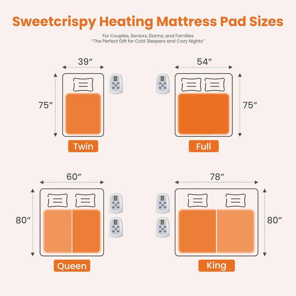 Sweetcrispy Heated Mattress Pad - Twin Size (75×39″) | Quilted Electric Bed Warmer with 12 Heat Settings & Auto Shut-Off - White