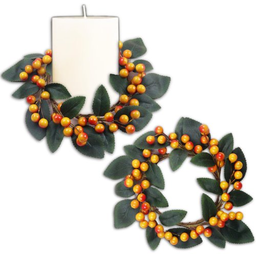 Brihasory Orange Berry Fall Candle Rings Wreaths Set of 2, Small Christmas Wreath 7 Inch Wide with 3 Inch Center Thanksgiving Table Decor Halloween Candle Holders for Table Centerpieces(2PCS)