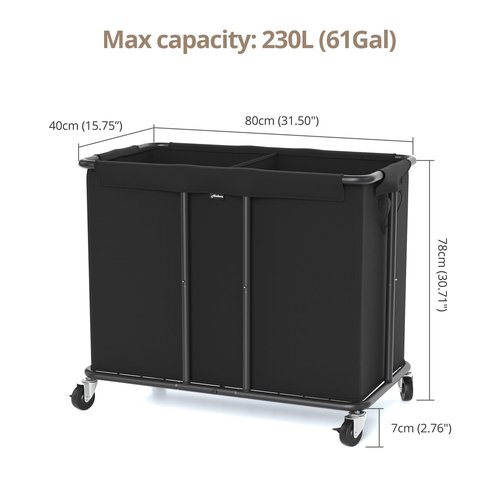 Hodonas Laundry Hamper with Wheels, 2-Section 230L (61Gal) Large Capacity, Heavy-Duty Rolling Clothes Basket with Silent Rubber Casters & Detachable Oxford Bags for Home, Black, 31.5"Lx15.75W"x30.7"H