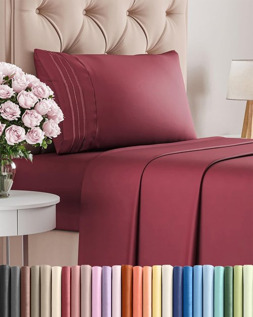 Comfy Twin Size 3 Piece Sheet Set by [Brand Name] - Breathable Cooling Bed Sheets | Ultra-Soft, Deep Pockets, Wrinkle-Free - Oeko-Tex Certified, Burgundy