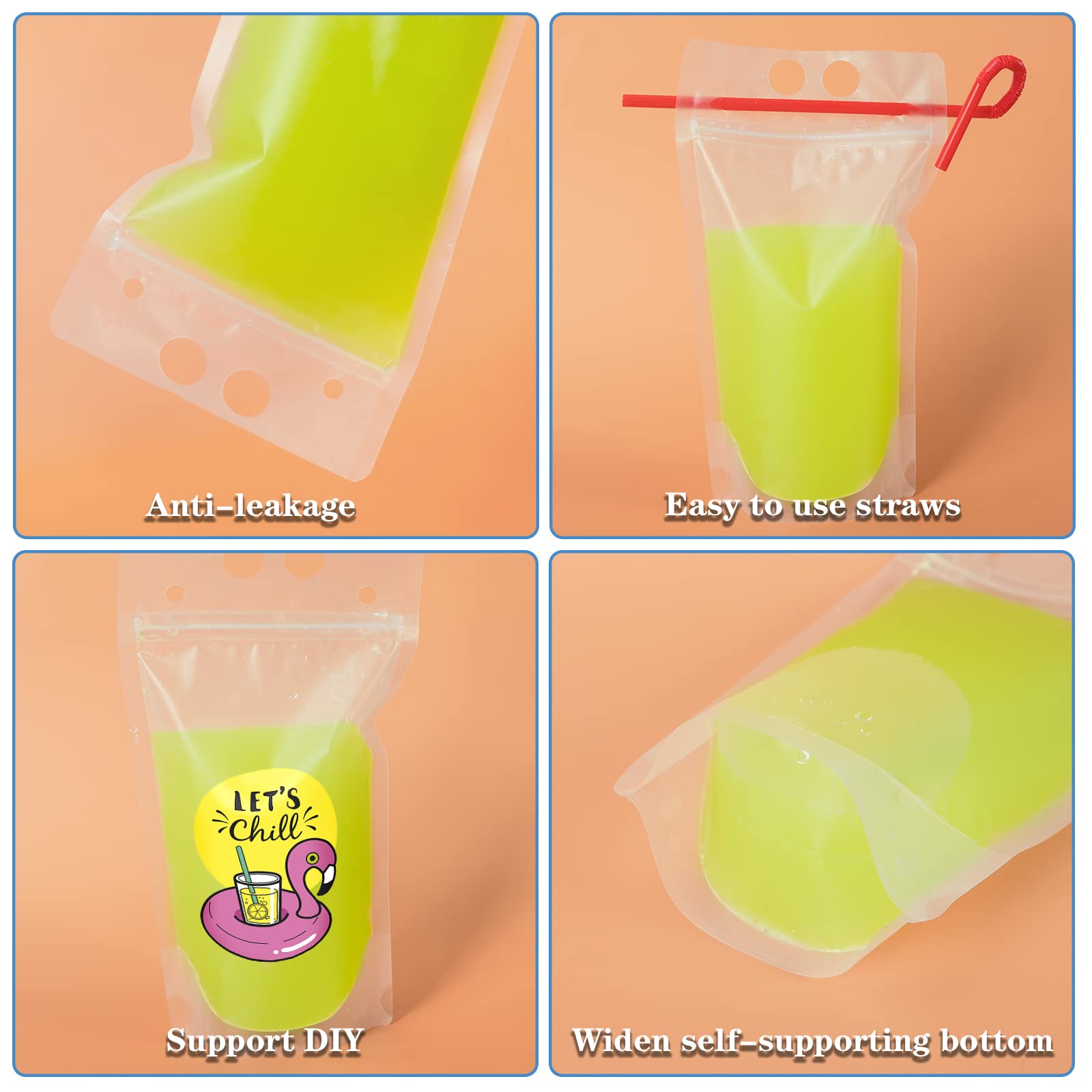 Ouddy 50 Pcs Drink Pouches, Juice Pouches for Adults, Reusable, Reclosable Zipper Smoothie Bags for Cold & Hot Drinks with 50 Straws & Silicone Funnel
