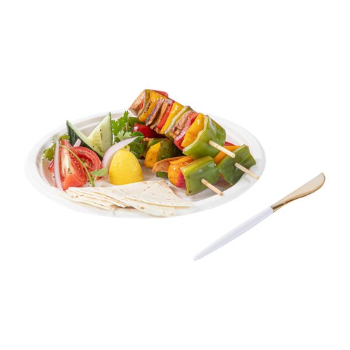 Restaurantware-Moderna 7.75 Inch Fancy Flatware, 500 Durable Plastic Flatware - With White Handle For Grip, Heavy-duty, Gold Plastic Knives, Serrated Edges Or Restaurants
