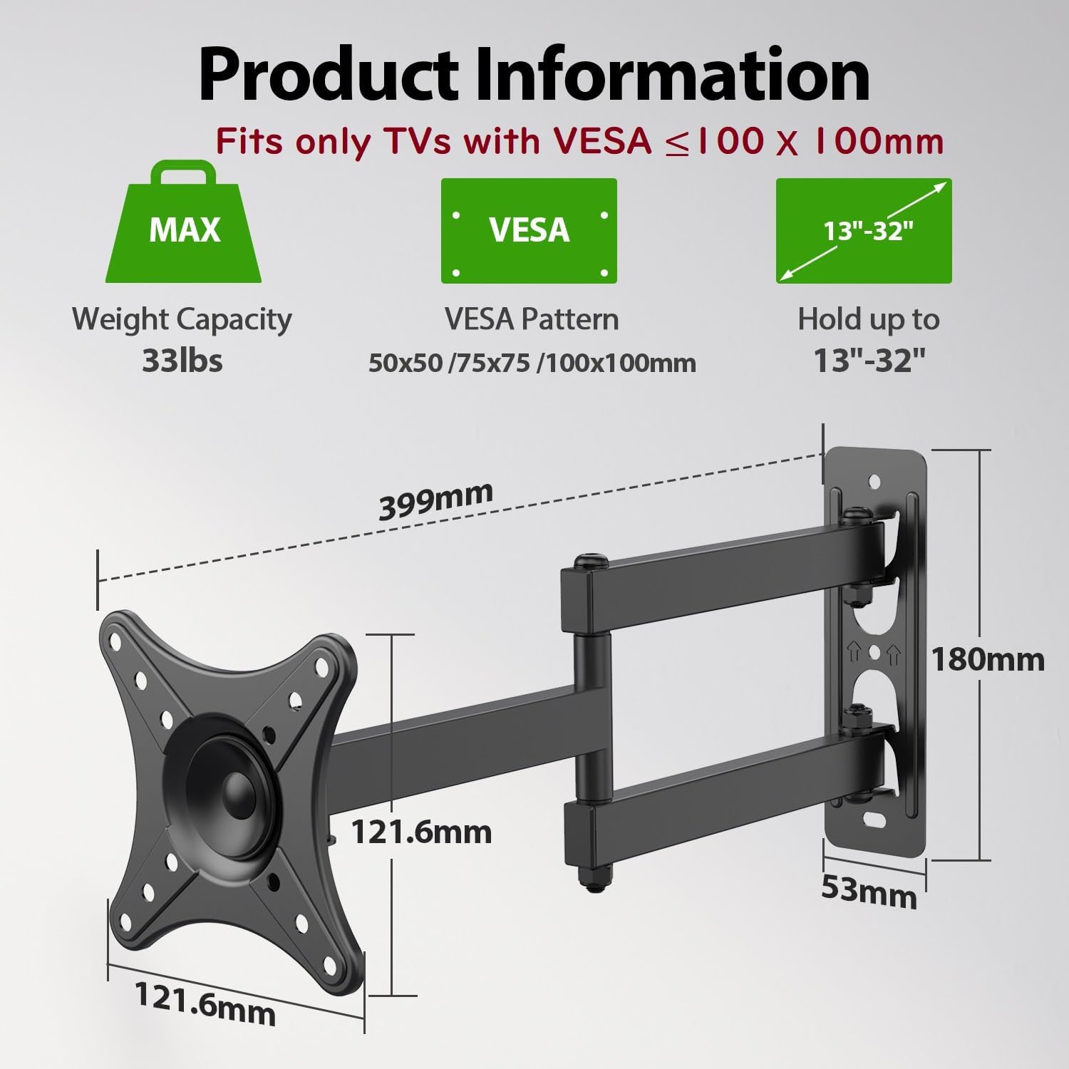 USX MOUNT Full Motion TV Wall Mount - Universal Corner Bracket for 13-32 Inch TVs | Swivel & Tilt Articulating Design, VESA 100x100mm, Supports Up to 33LBS