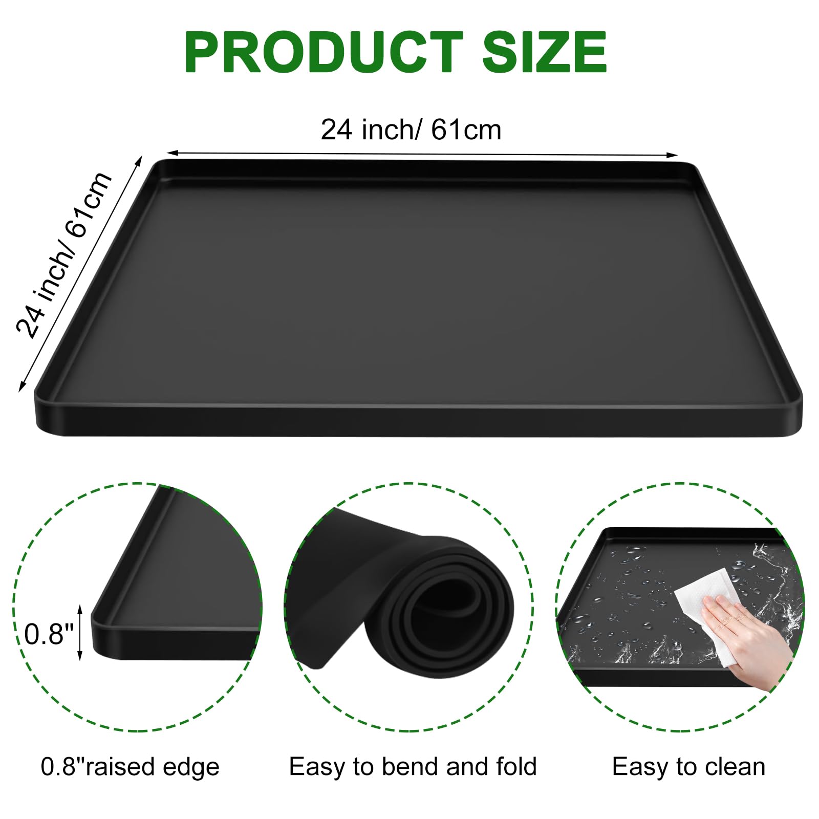 Mini Fridge Silicone with Raised Edge, 24"x 24" x 0.8" Mini Fridge Mat for Freezer Protect From Appliance Leaks Water Spills, Under Refrigerator Mat Easy to Clean (Black)