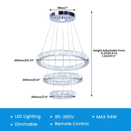 xychfantligh Modern Dimmable LED Chandelier 3 Rings Crystal Chandelier with Remote Stainless Steel Adjustable Pendant Light for Living Dining Room Bedroom