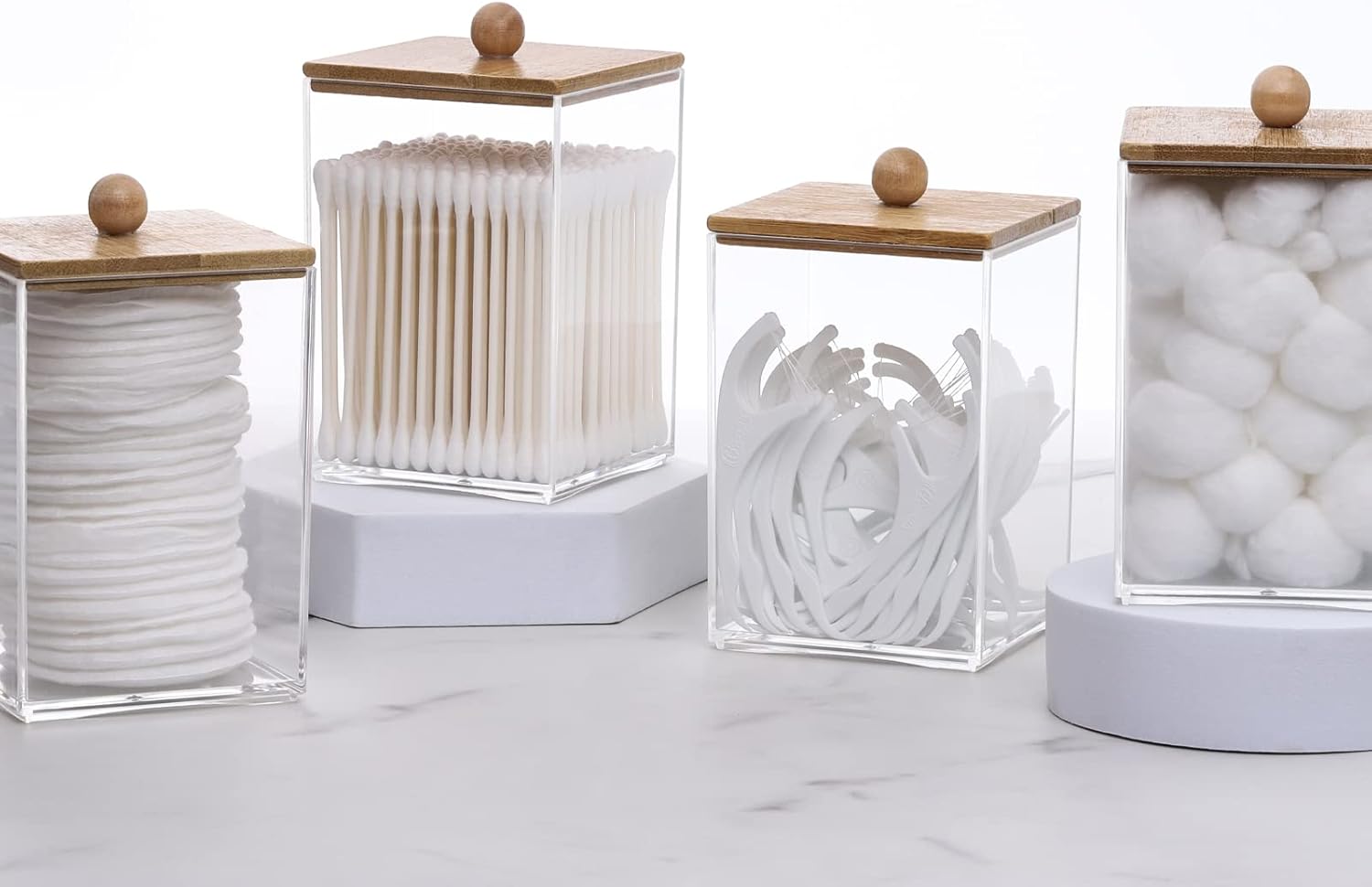 Tbestmax Cotton Swab Holder - Clear Apothecary Jar with Wood Lids | 12 OZ Bathroom Storage (4 Pack)
