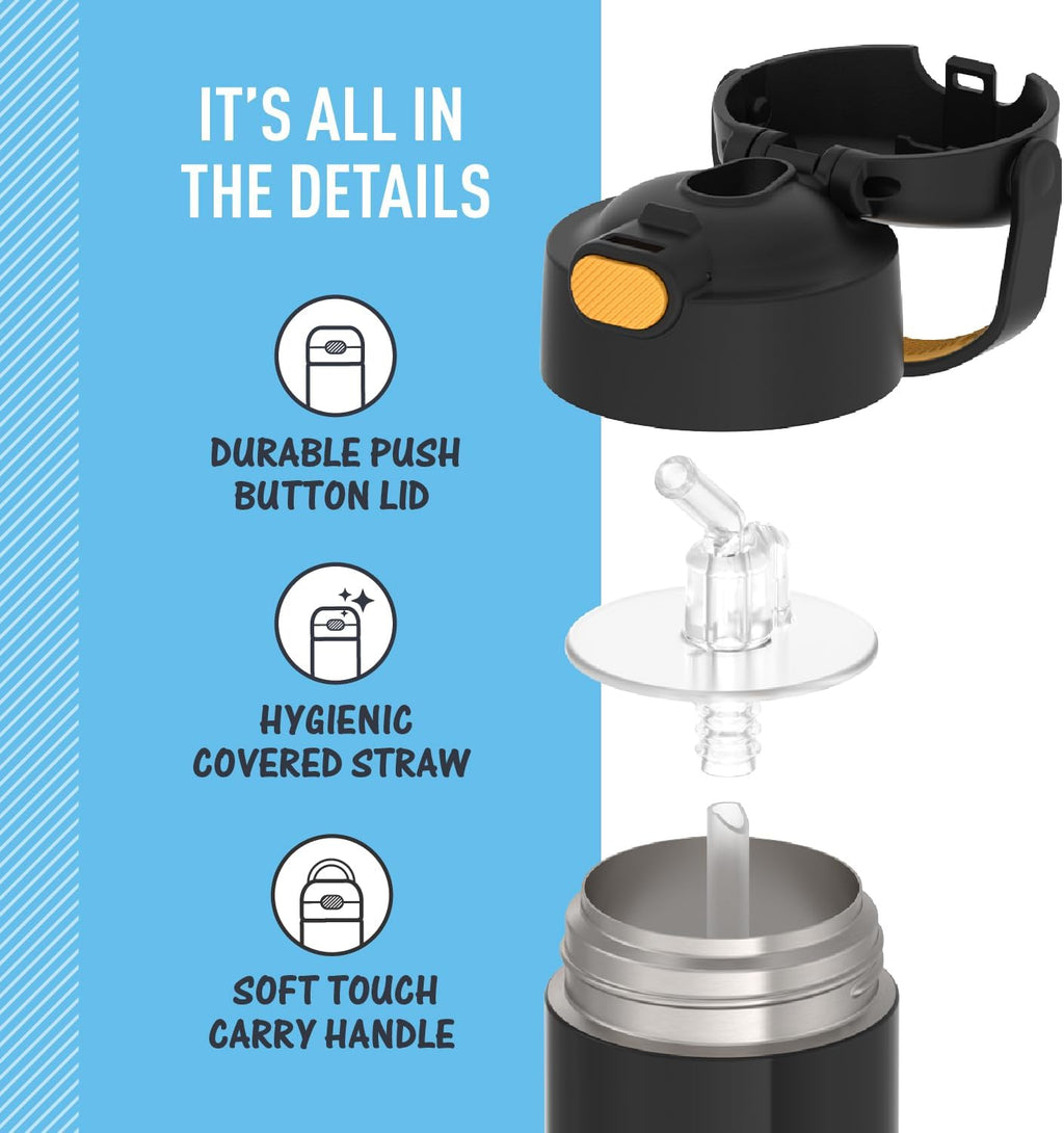 THERMOS FUNTAINER Kids Water Bottle - 12 Ounce Stainless Steel Vacuum Insulated with Straw | Batman Design