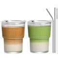 AUFXKOO 13oz Iced Coffee Cups,2Pcs Glass Cups with Lids and Straws Drinking Glasses,Clear Ribbed Glassware,Reusable Tumbler Glass to Go Cup for Matcha, Iced Tea,Juice