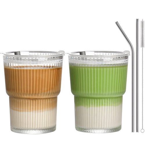 AUFXKOO 13oz Iced Coffee Cups,2Pcs Glass Cups with Lids and Straws Drinking Glasses,Clear Ribbed Glassware,Reusable Tumbler Glass to Go Cup for Matcha, Iced Tea,Juice