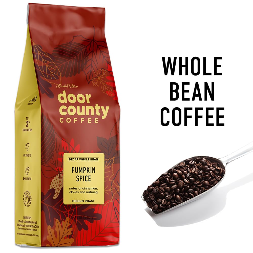 Door County Coffee Pumpkin Spice DECAF Flavored Coffee Whole Bean - 8 oz Bag - Fall Seasonal - Medium Roast - 100% Specialty Arabica - Cinnamon & Nutmeg Flavored
