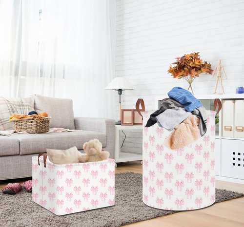 HKEC 19.7" Laundry Basket,Dirty Clothes Hamper,Waterproof Storage Bin,Room Decor,Gift Baskets,Nursery Hamper(Shimmer Bowknot)