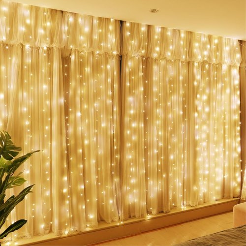 HXWEIYE 300LED Fairy Curtain Lights - 9.8x9.8Ft USB Plug-In with Remote | 8 Modes Warm White Indoor Decor