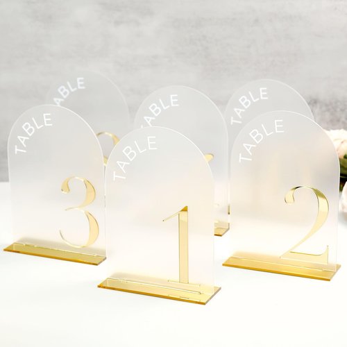 Frosted Arch Wedding Table Numbers 1-20 with Stand, 20 Pack 5x7 Inch Frosted Acrylic Signs with Gold Number, Arched Acrylic Table Numbers for Wedding Reception