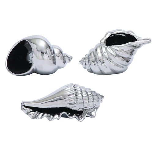 Deco 79 Ceramic Shell Decorative Sculpture Shell Home Decor Statues, Set of 3 Accent Figurines 7", 7", 5"W, Silver