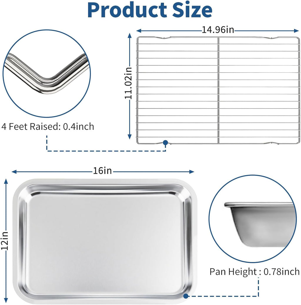 Skiennix Baking Sheet Set - 4-Piece Stainless Steel Cookie Pans with Cooling Racks | Non-Toxic, Dishwasher Safe, 16 x 12 x 1 Inch