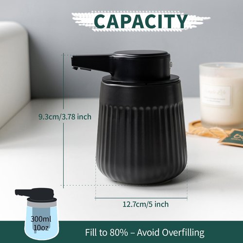 BosilunLife Ceramic Automatic Soap Dispenser with Extended Pump Nozzle, 3 Adjustable Levels, Touchless Foam Hand Wash Foaming Dispenser for Bathroom & Kitchen, Embossed Wave Design, Black, 10oz