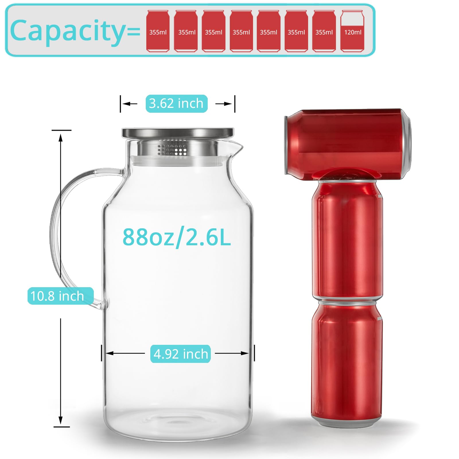 Bivvclaz 2.6 Liter 88 oz Glass Pitcher with Lid and Handle, Glass Water Carafe for Hot/Cold Water, Iced Tea Pitcher, Large Pitcher for Coffee, Juice and Homemade Beverage