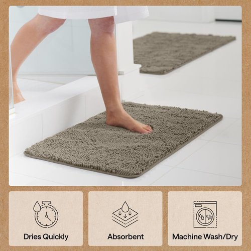 GORILLA GRIP Bath Rug Mat - Thick Soft Absorbent Chenille | Quick-Dry Microfiber, Rubber Backing, 24x17, Latte
