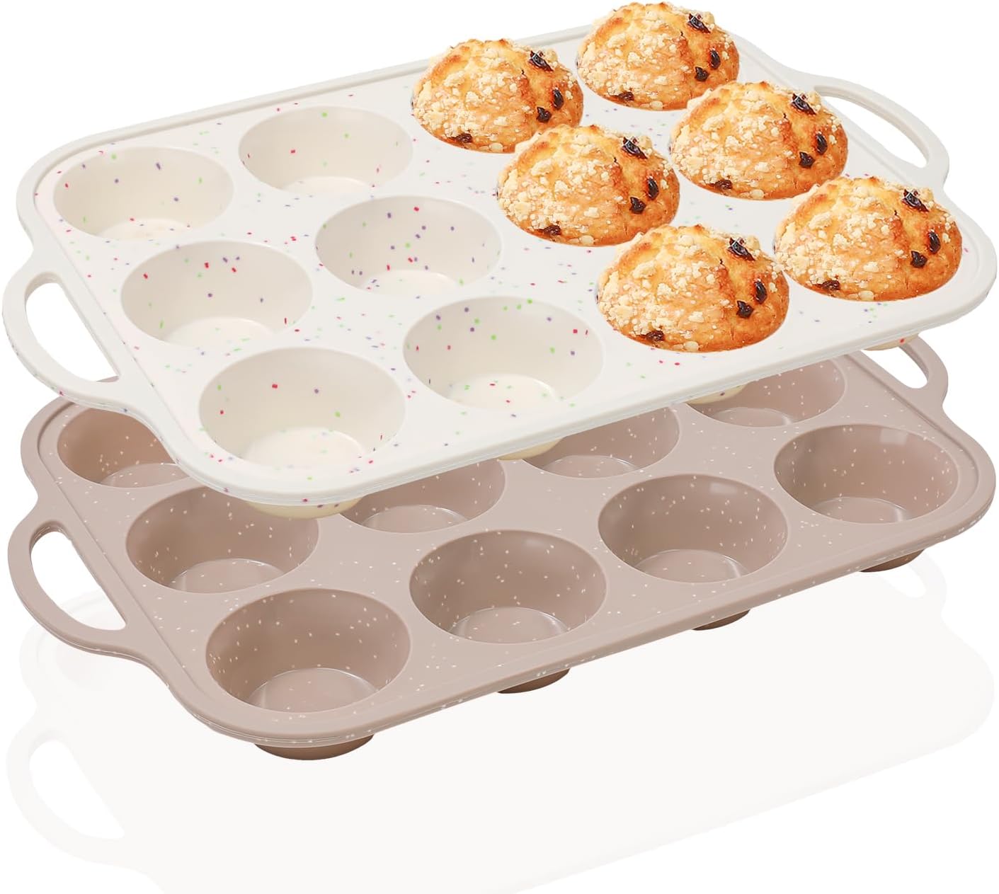 Vinino Silicone Muffin Pans - 2-Pack Nonstick Baking Molds with Metal Reinforced Frame | 12 Cups, BPA Free