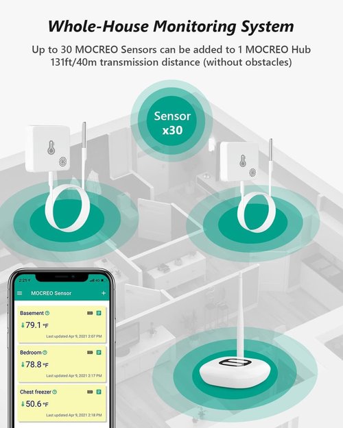 MOCREO WiFi Thermometer Freezer Alarm, Email Alert, App Notification, Data Record Export, No Subscription Fee, 2 Remote Wireless Temperature Sensors for Refrigerator, Freezer, Hot Tub