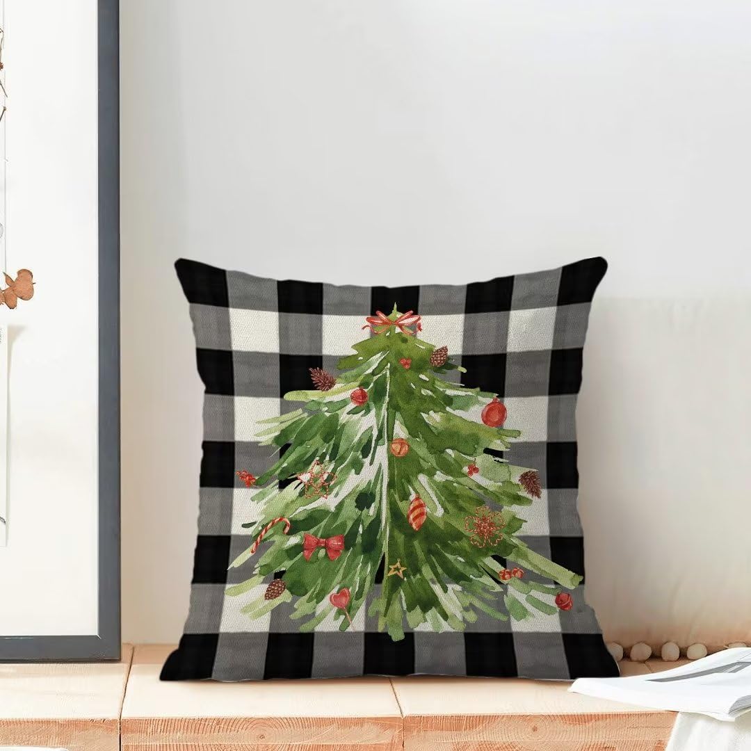 AEIOAE Christmas Pillow Covers 18x18 Inch Set of 2, Buffalo Plaid Christmas Tree Decorative Throw Pillows Farmhouse Linen Nature Forest Xmas Winter Pillow Case for Couch Sofa Outdoor Decor