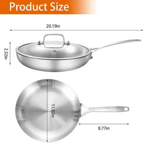 DELARLO Whole Body Tri-Ply Stainless Steel 12 Inch Frying Pan With Lid, kitchen large Skillet Suitable for All Stove Up to 600℉, 18/10 Cookware