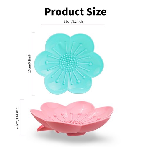 Soap Dishes 2 Pack Self Draining XL Flexible Bar Holder for Shower, Silicone Flower Soap Saver Tray for Counter Bathtub Sink Bathroom Decor with Drainage -Mirror Surface Easy Clean (Pink/Cyan Blue)