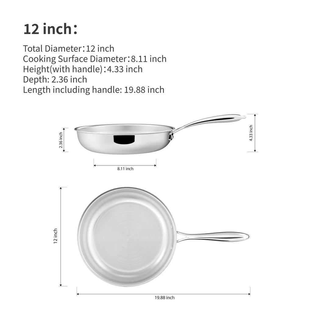 SANFELA 12 Inch Stainless Steel Frying Pan, 5-Ply Stainless Clad Design