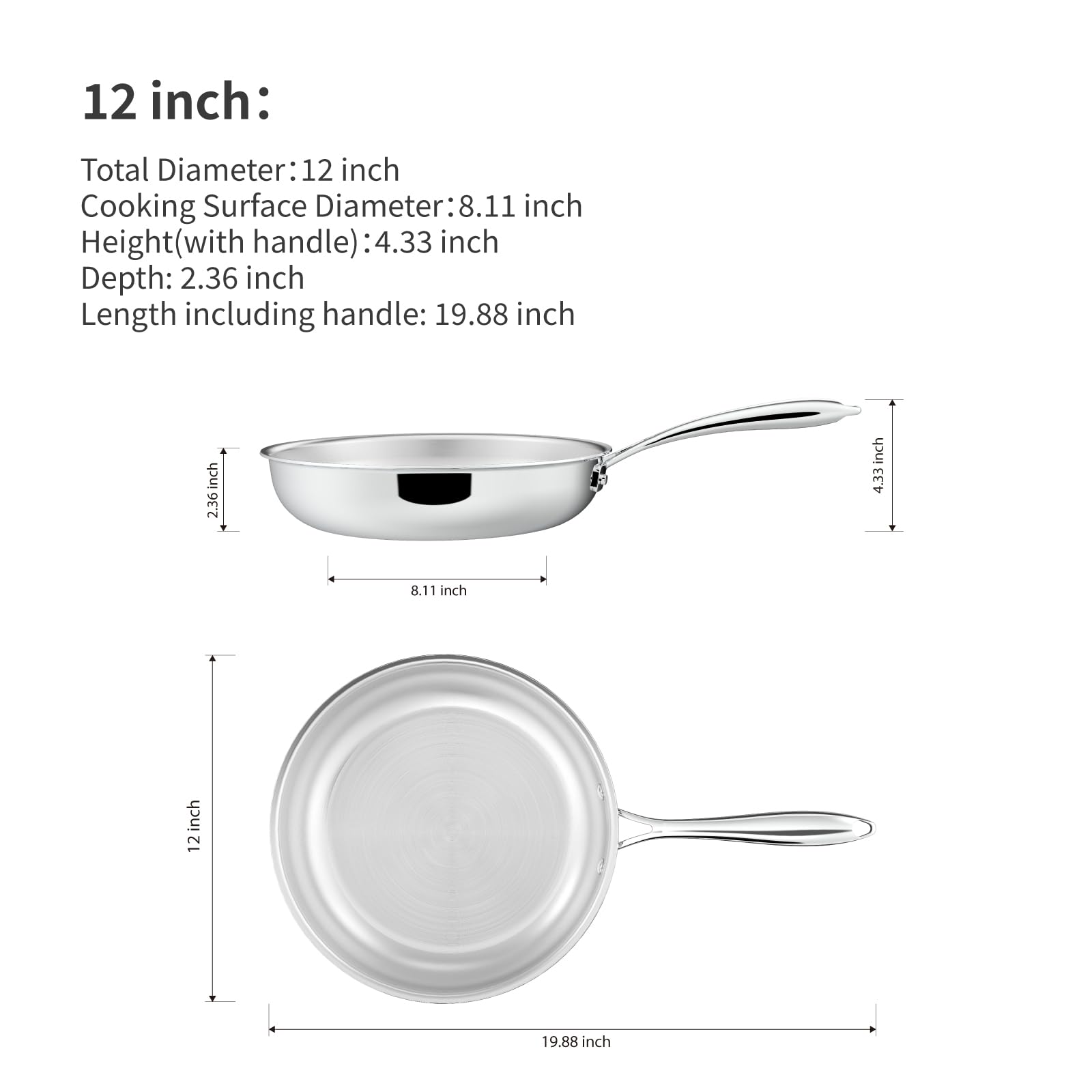 SANFELA 12 Inch Stainless Steel Frying Pan, 5-Ply Stainless Clad Design