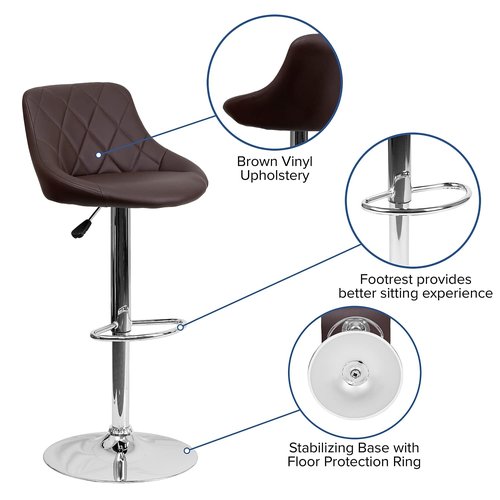Flash Furniture Contemporary Brown Vinyl Bucket Seat Adjustable Height Barstool with Diamond Pattern Back and Chrome Base