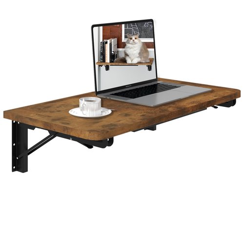 TEAMIX Wall Mounted Folding Table, Rustic Brown Floating Wall Desk for Small Spaces, Drop Leaf Dining Table for Kitchen Fold Down Laundry Shelf with Heavy-Duty Brackets