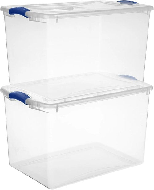 66 Quart Durable Storage Bin by [Brand Name] - Clear Plastic Container with Secure Blue Latch Lid | Stackable for Home & Garage Organization