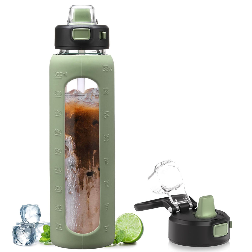 Kodrine 32 oz Glass Water Bottle with Straw and Carry Loop, One-Touch Leakproof Locking Lid, Reusable Drinking Bottle with Time Marker for Travel Home Gym Sports (Olive)