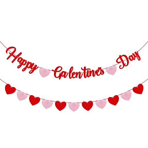 Happy Galentines Day Banner with Red Glitter and Pink Heart Garland Romantic Valentine's Decorations for Indoor and Outdoor Use Create Festive Atmosphere Love Theme