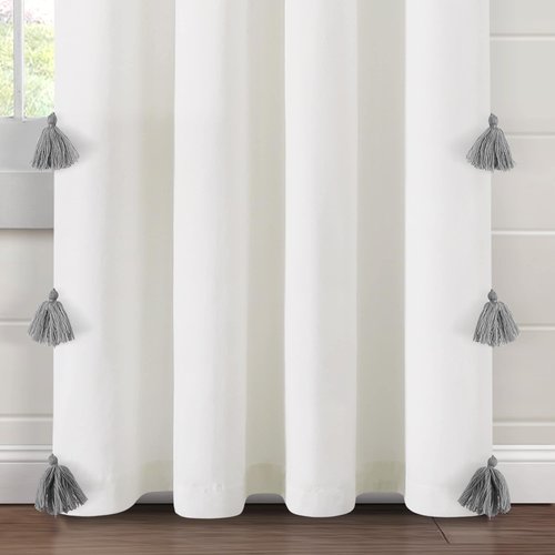 Lush Decor Boho Faux Linen Texture Tassel Window Curtain Panel Single 52" W x 84" L White & White Curtains for Bedroom - Living Room Curtains