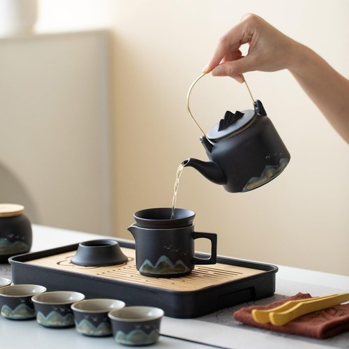 Simeiton Chinese Gongfu Tea Set, 15-Piece Ceramic Tea Service with Teapot, 6 Cups, Storage Jar, Tea Tray, Black and Teal Mountain Design with Gray Travel Case