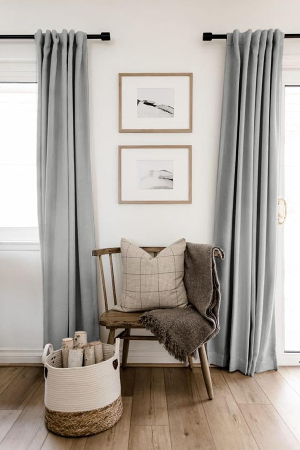Skiennix 100% Blackout Linen Curtains - Thermal Insulated Drapes for Bedroom | 84" Long, Ash Grey, 2 Panels Set